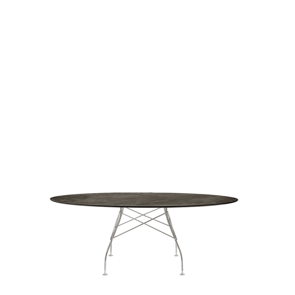 Glossy Oval Table Outdoors Kartell Aged Bronze Marble / Chrome Steel