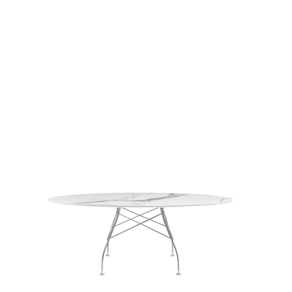 Glossy Oval Table Outdoors Kartell White Marble / Chrome Steel
