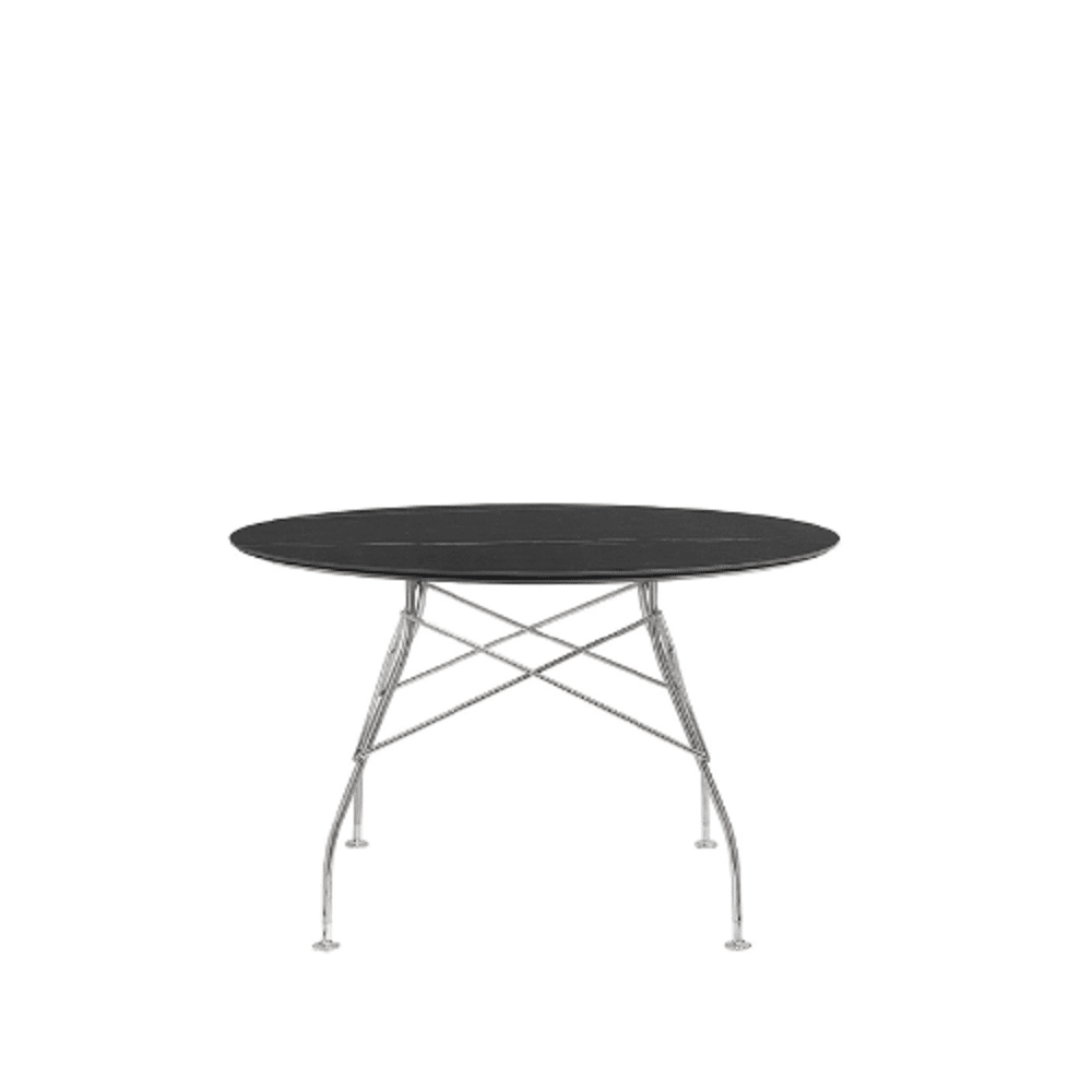 Glossy Table Tables Kartell Round Top Black Marble / Chrome Steel