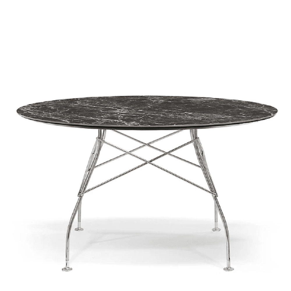 Glossy Table Tables Kartell Round Top Brown Emperador Marble / Chrome Steel