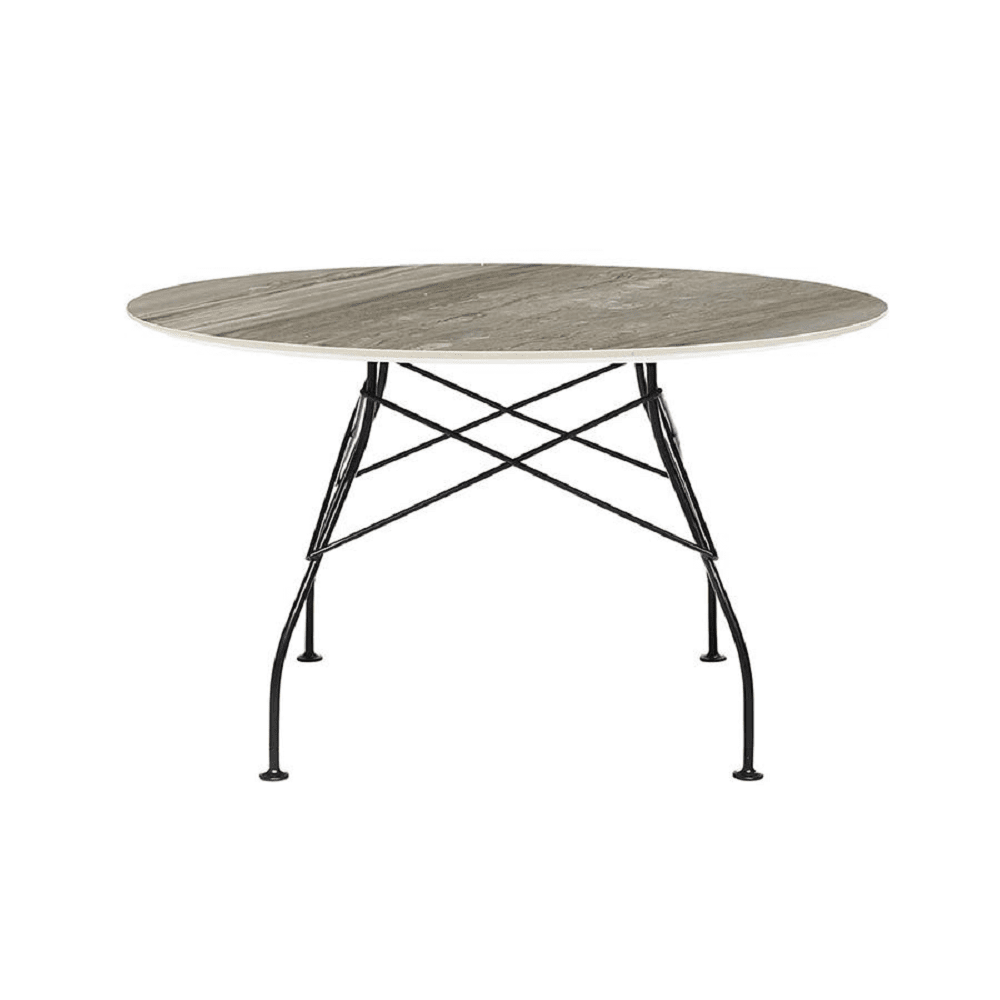 Glossy Table Tables Kartell Round Top Tropical Grey Marble / Black Steel