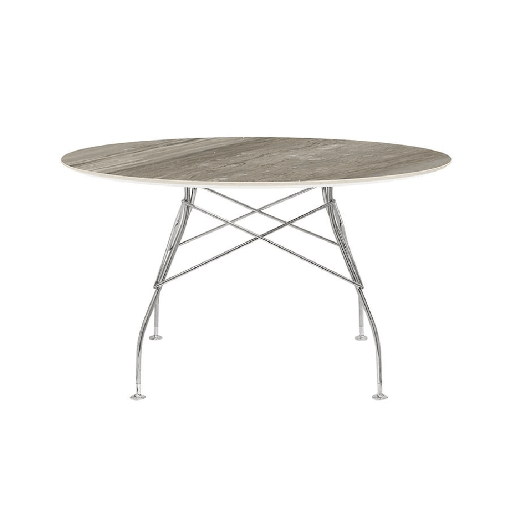Glossy Table Tables Kartell Round Top Tropical Grey Marble / Chrome Steel