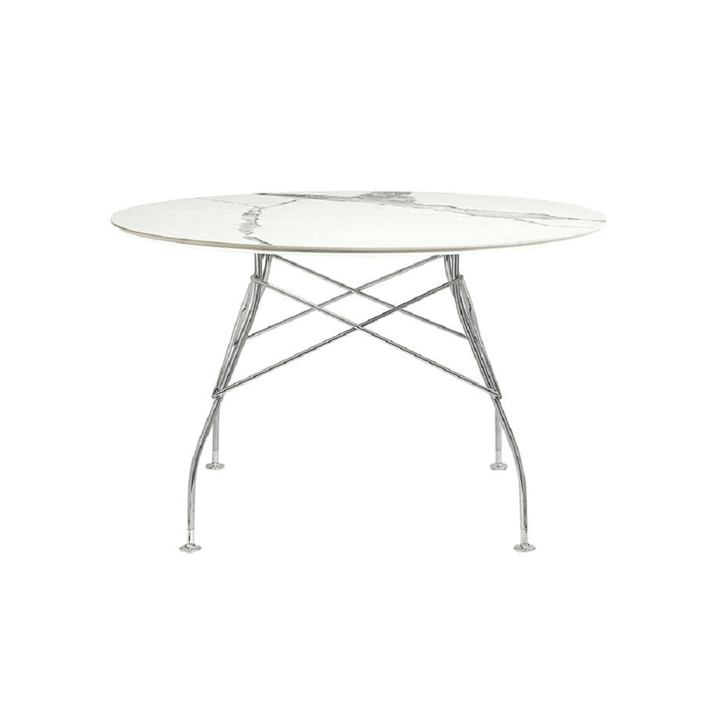 Glossy Table Tables Kartell Round Top White Marble / Chrome Steel
