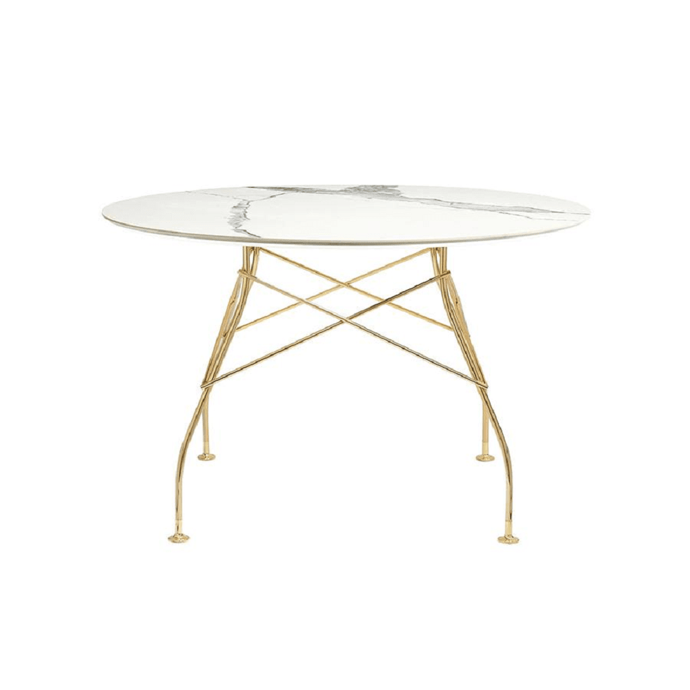 Glossy Table Tables Kartell Round Top White Marble / Gold Steel