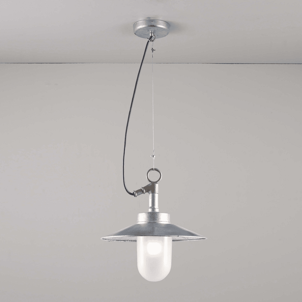 Well Glass Pendant with Visor Pendant Lights Original BTC Galvanised Frosted Glass