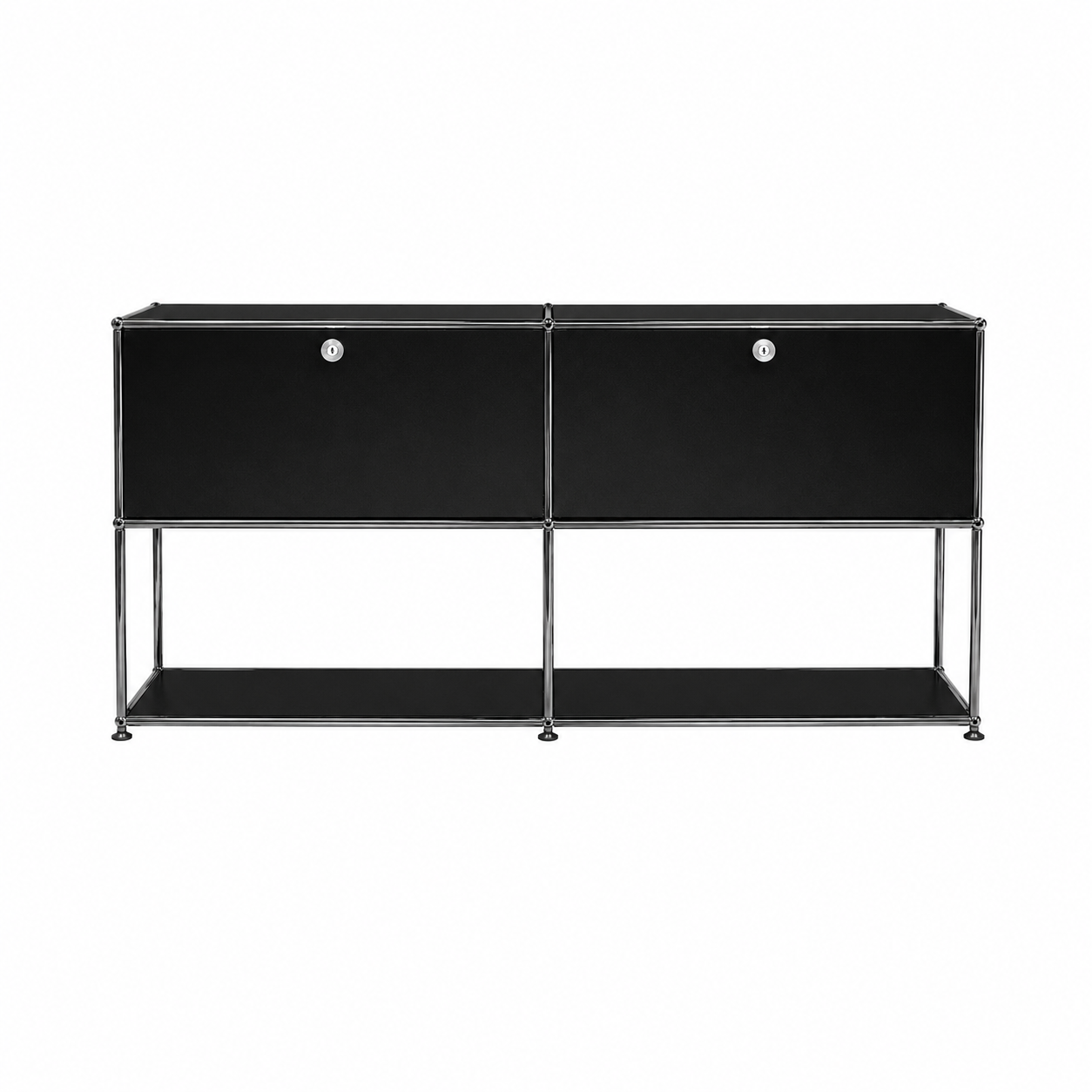 Black USM Haller Credenza F2 sideboard with two drop-down doors, chrome frame, and open lower storage shelf on a white background.