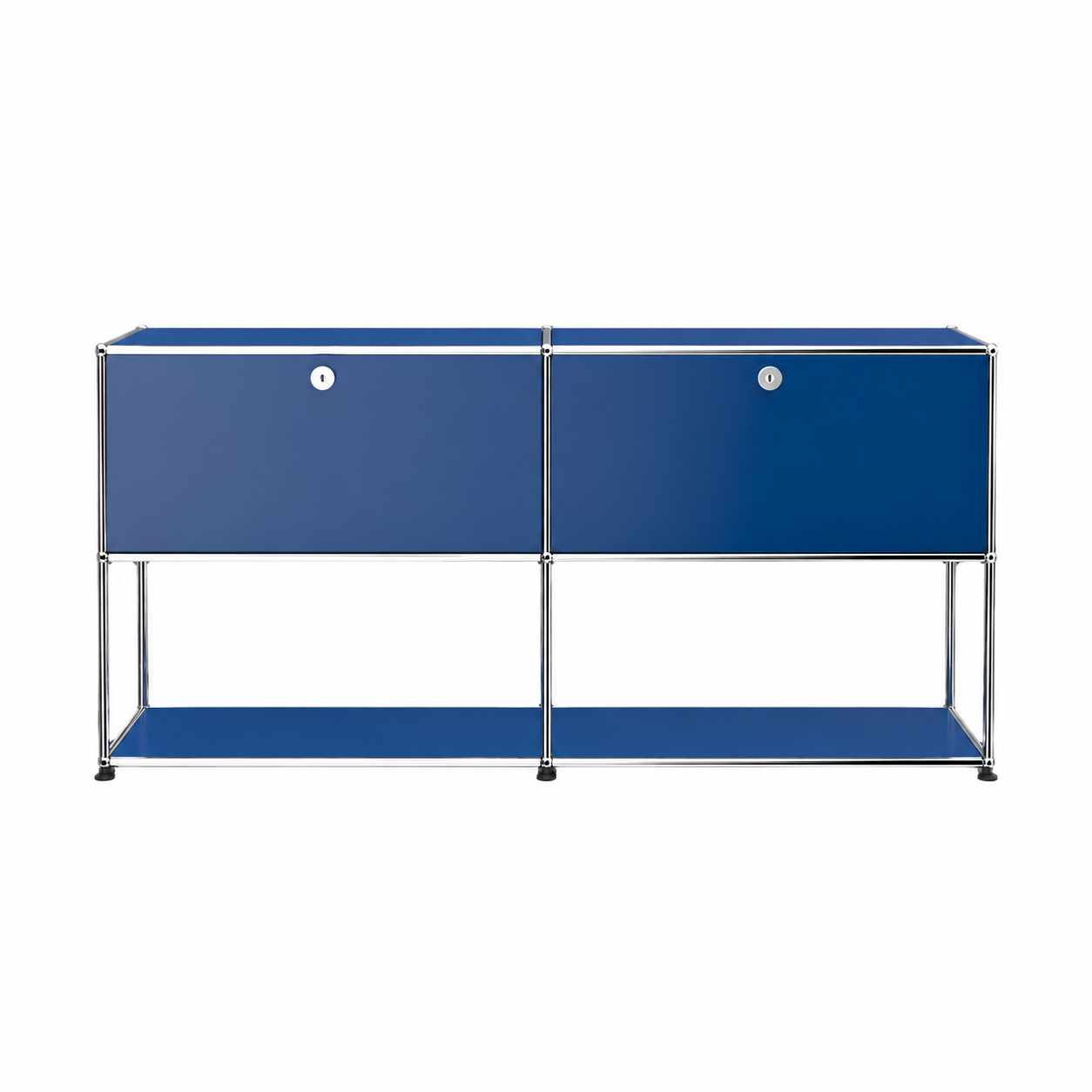 Blue modular sideboard with chrome frame, two front doors, circular locks, and open lower shelf on a white background.