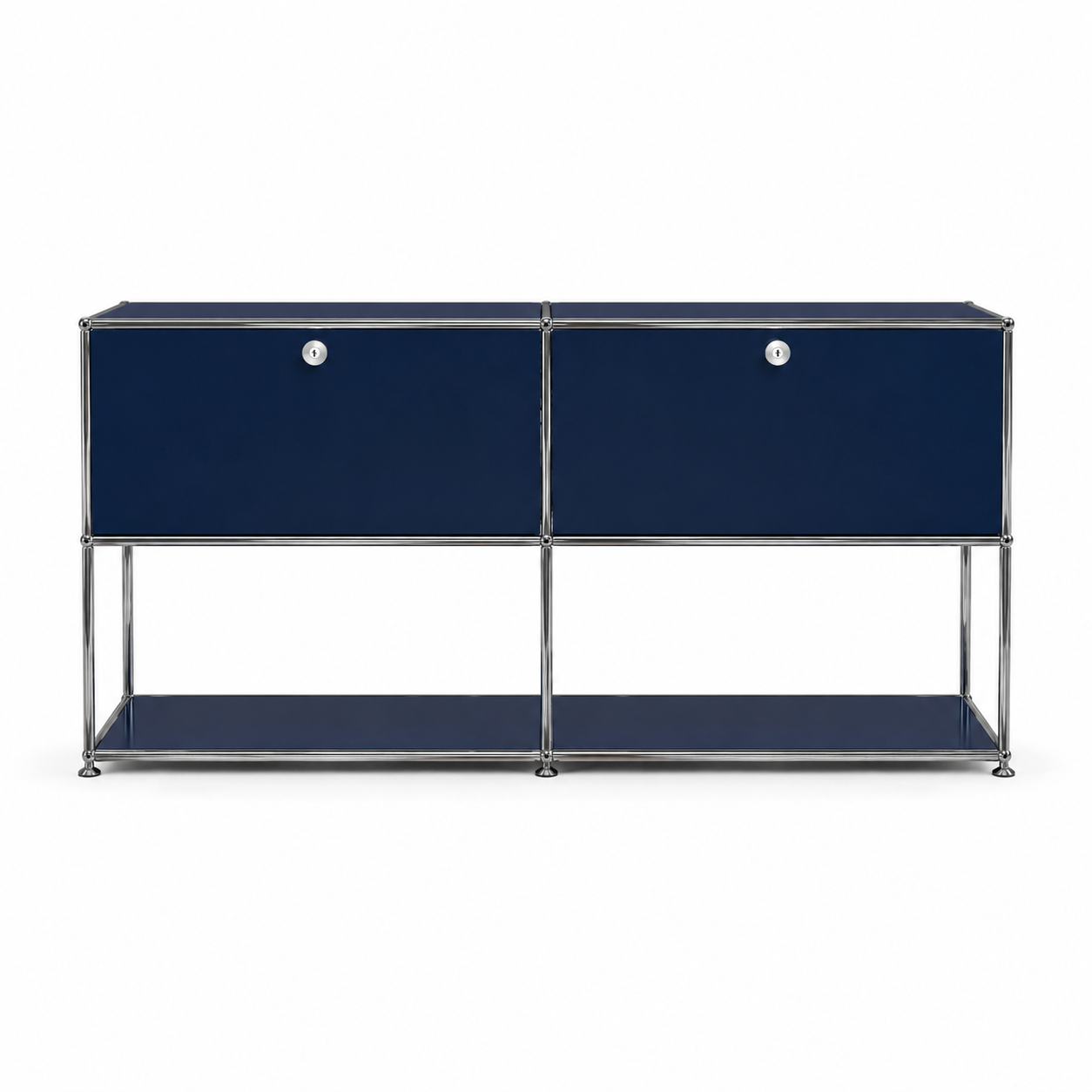 Dark blue modern sideboard with chrome frame styled in a premium living room with warm natural light, neutral decor, and a clean minimalist interior.