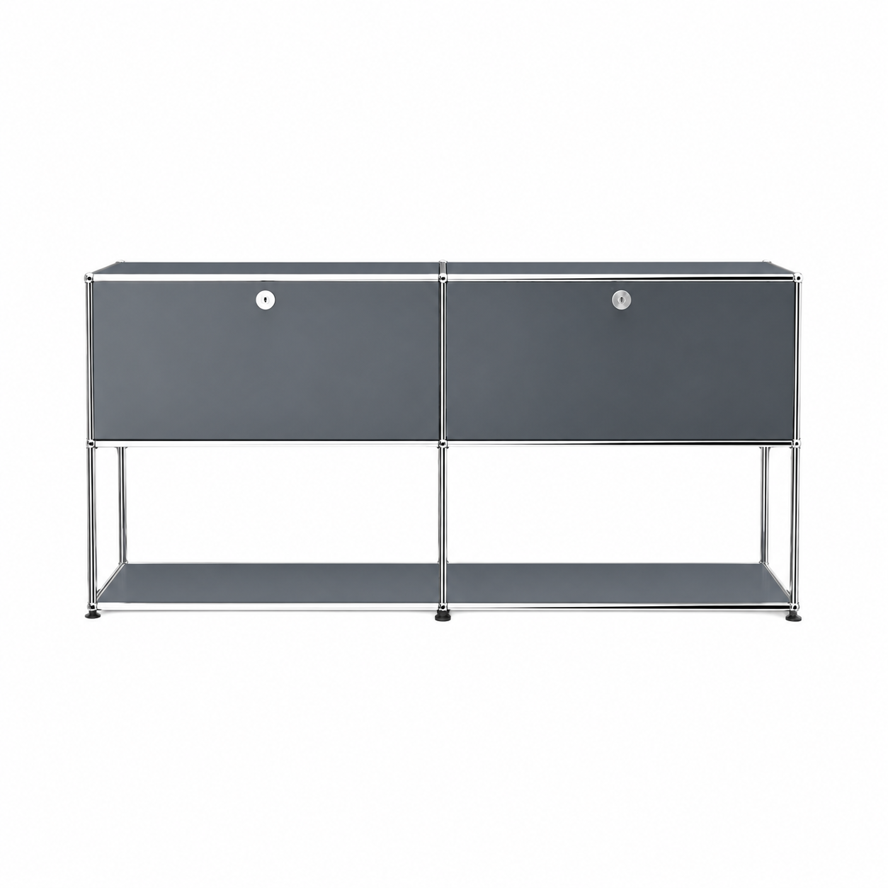 gray modern storage sideboard with chrome frame, two front doors, open lower shelf, and minimalist modular design on a white background.