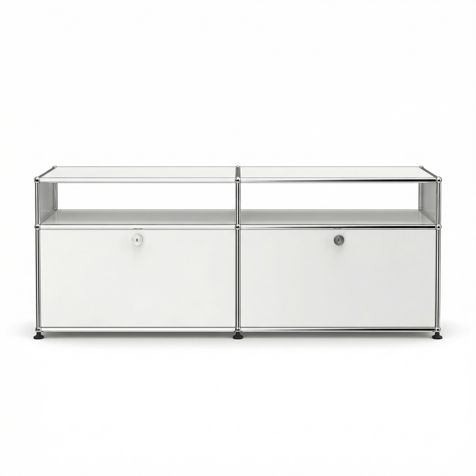 White storage unit with glass top on a white background
