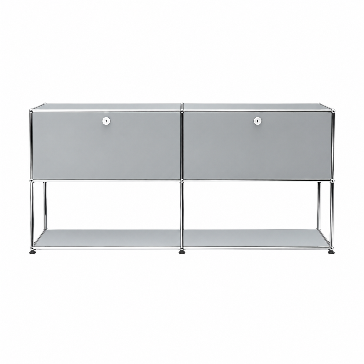 Light gray modern storage sideboard with chrome frame, two front doors, open lower shelf, and minimalist modular design on a white background.