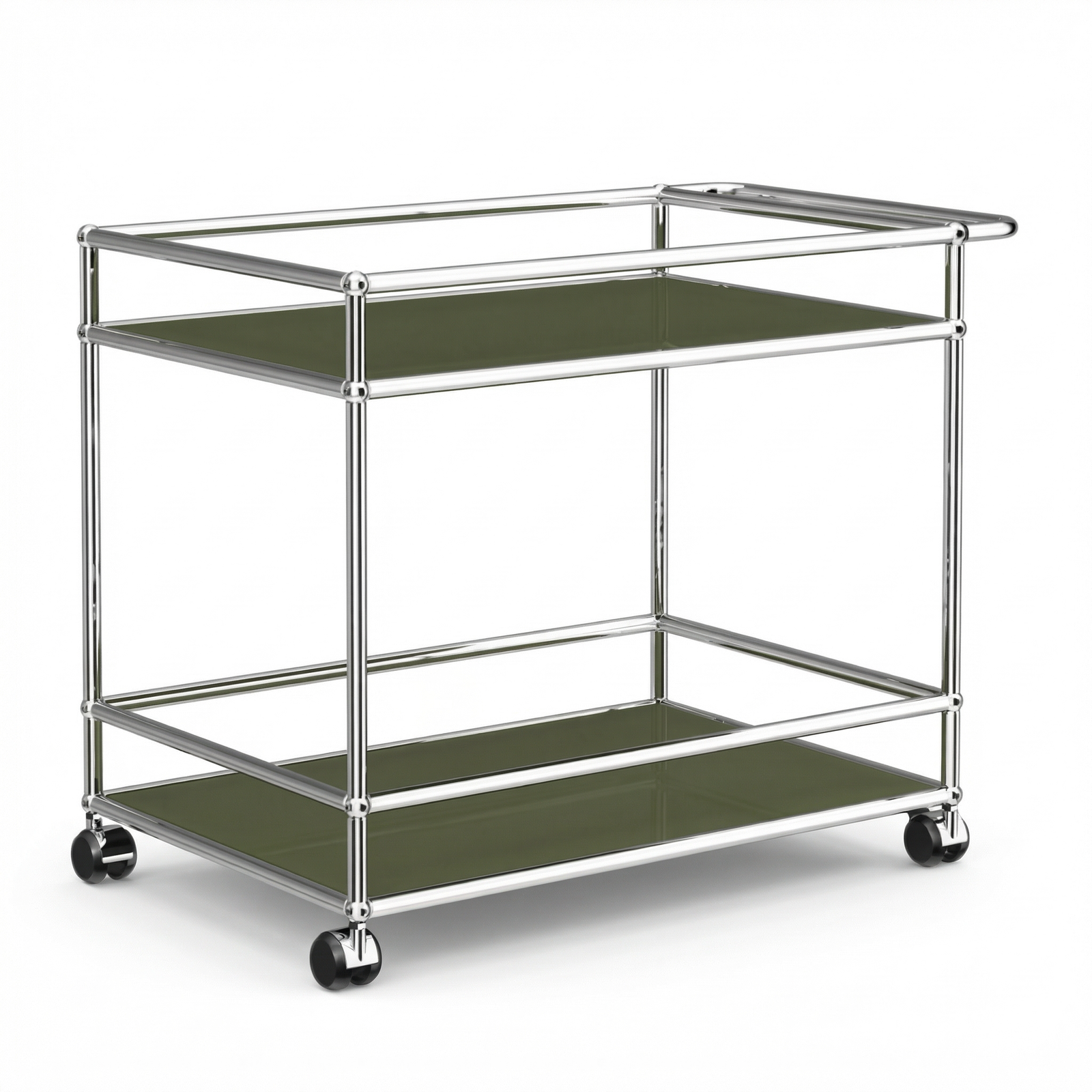 Special USM Haller Serving Cart MS04 in Olive Green angled view with chromed steel frame and casters