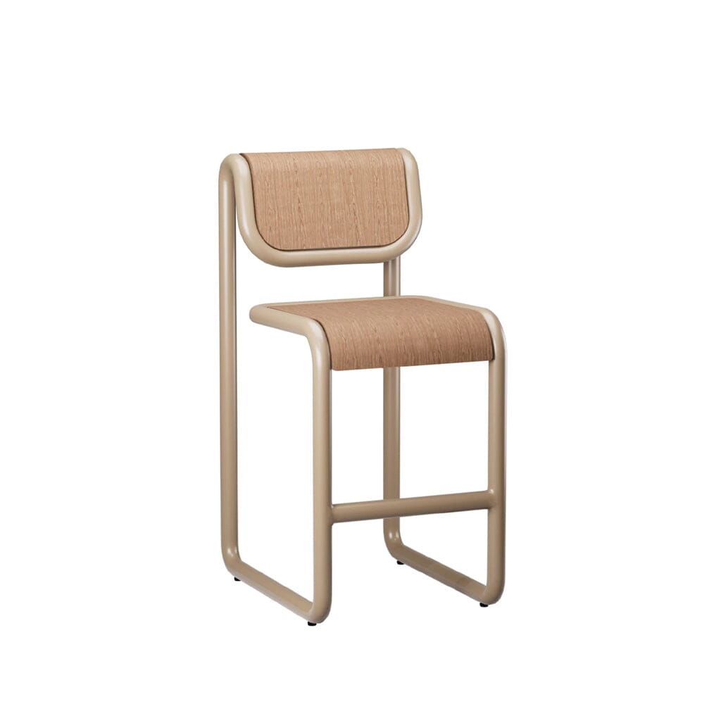 Tube Bar Stool Stools Bend Goods Tan frame with wooden seat and back