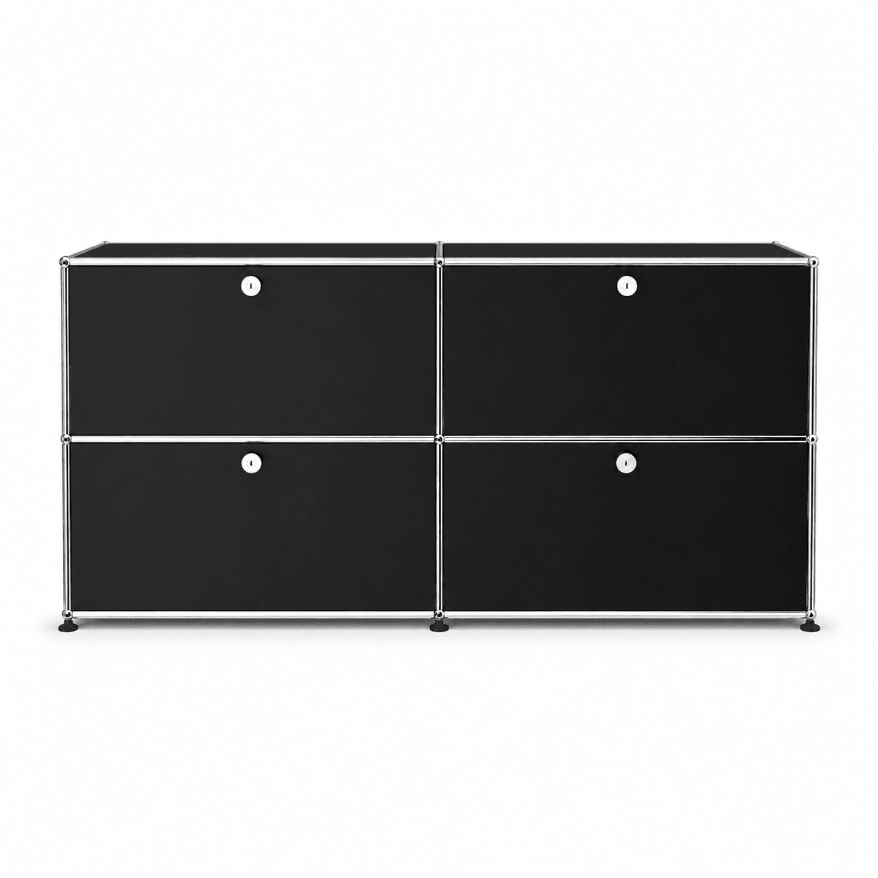 USM Haller Credenza E2 in black with chrome frame, four drop-down doors, round lock details, and modern modular storage design on a white background