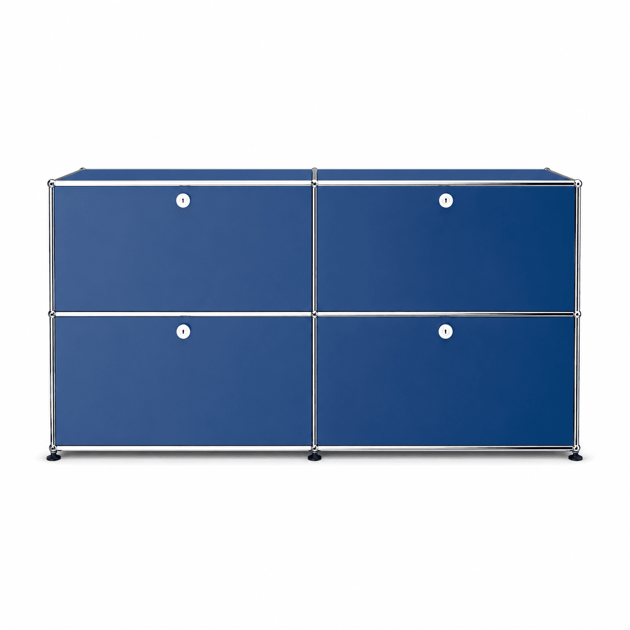 USM Haller Credenza E2 in blue with chrome frame, four drop-down doors, and modular storage design shown from the front.