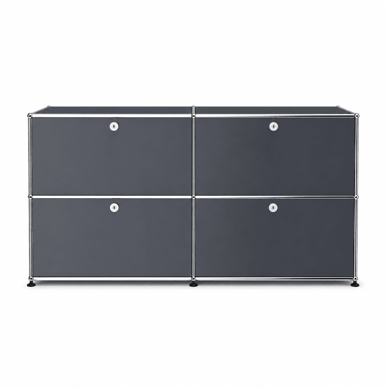 USM Haller Credenza E2 in dark gray with chrome frame, four drop-down doors, round lock details, and modern modular storage design on a white background
