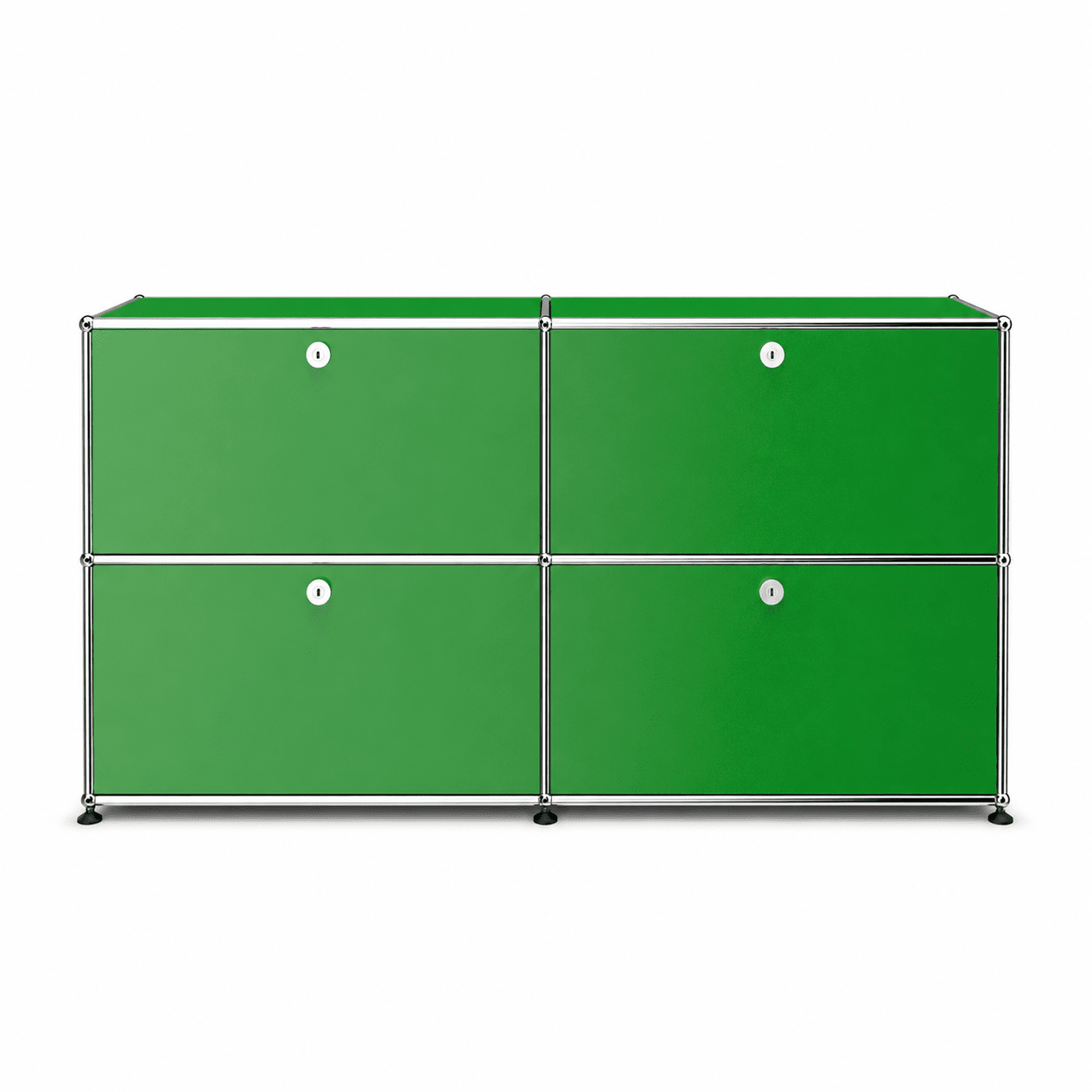USM Haller Credenza E2 in green with chrome frame, four drop-down doors, round lock details, and modern modular storage design on a white background