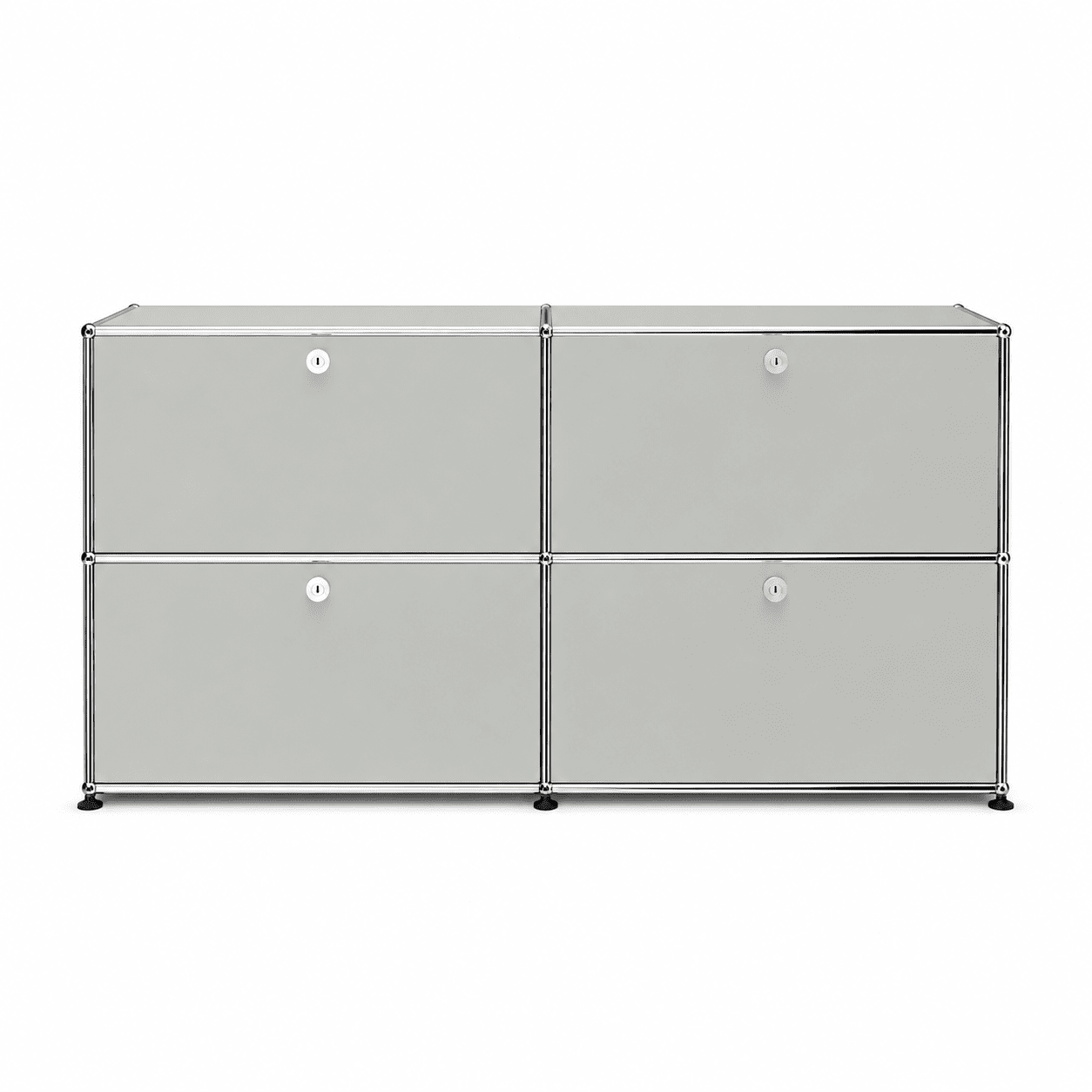 USM Haller Credenza E2 in light gray with chrome frame, four drop-down doors, round lock details, and modern modular storage design on a white background