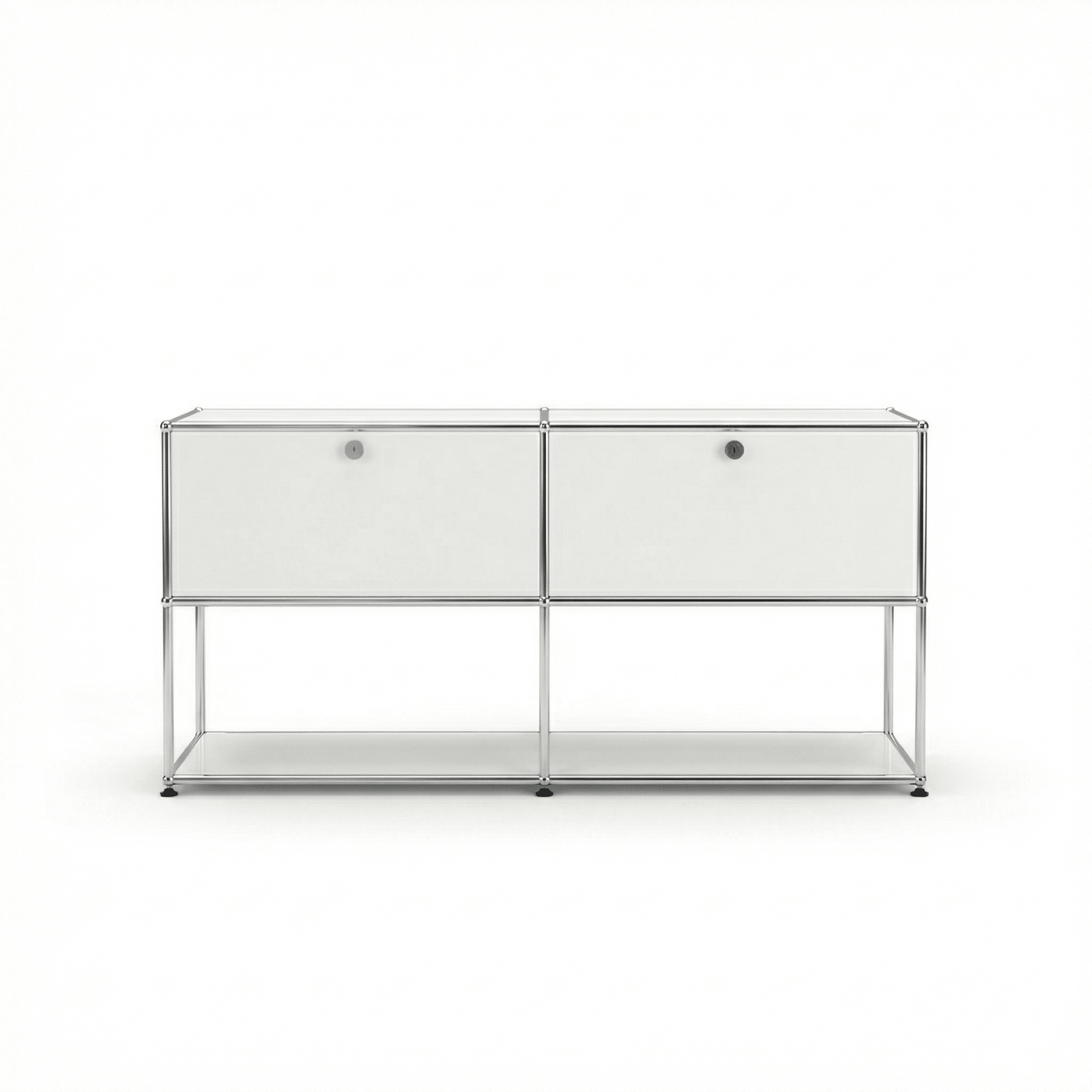 USM Haller Credenza F2 Storage in Pure White with chrome frame, front view on a white background