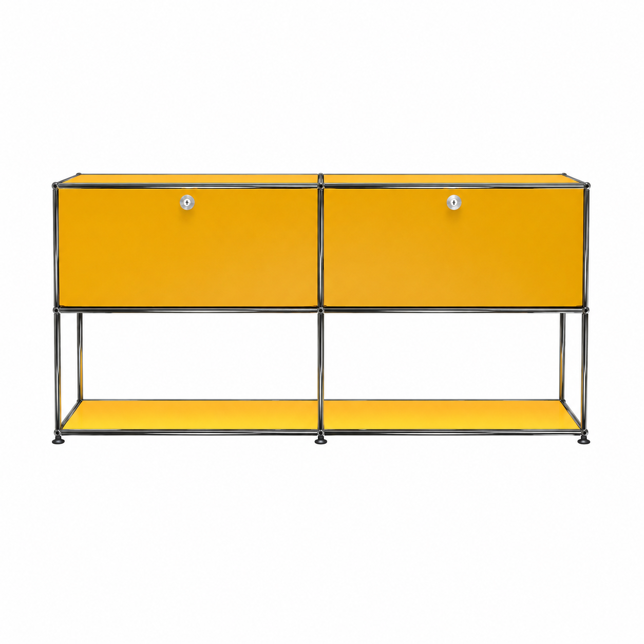 Yellow USM Haller Credenza F2 sideboard with two drop-down doors, chrome frame, and open lower storage shelf on a white background.