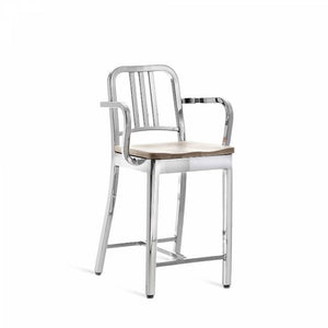 Emeco 1006 Navy Counter Stool With Wood Seat Side/Dining Emeco Hand-Polished Ash With Arms