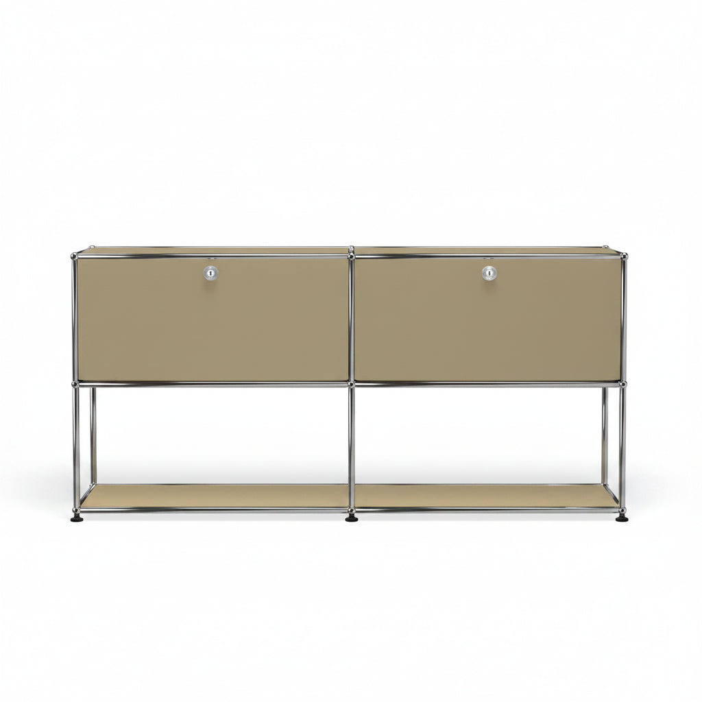 Brown modern storage sideboard with chrome frame, two front doors, open lower shelf, and minimalist modular design on a white background.