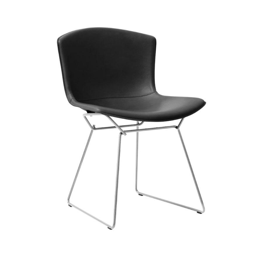 Bertoia Leather Covered Side Chair Side/Dining Knoll Black Leather Polished Chrome