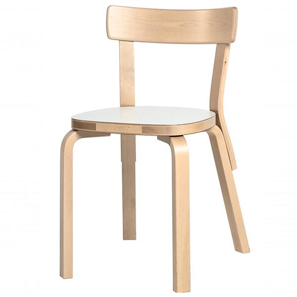 Chair 69 Side/Dining Artek Natural Lacquered Legs, Laminate White Seat