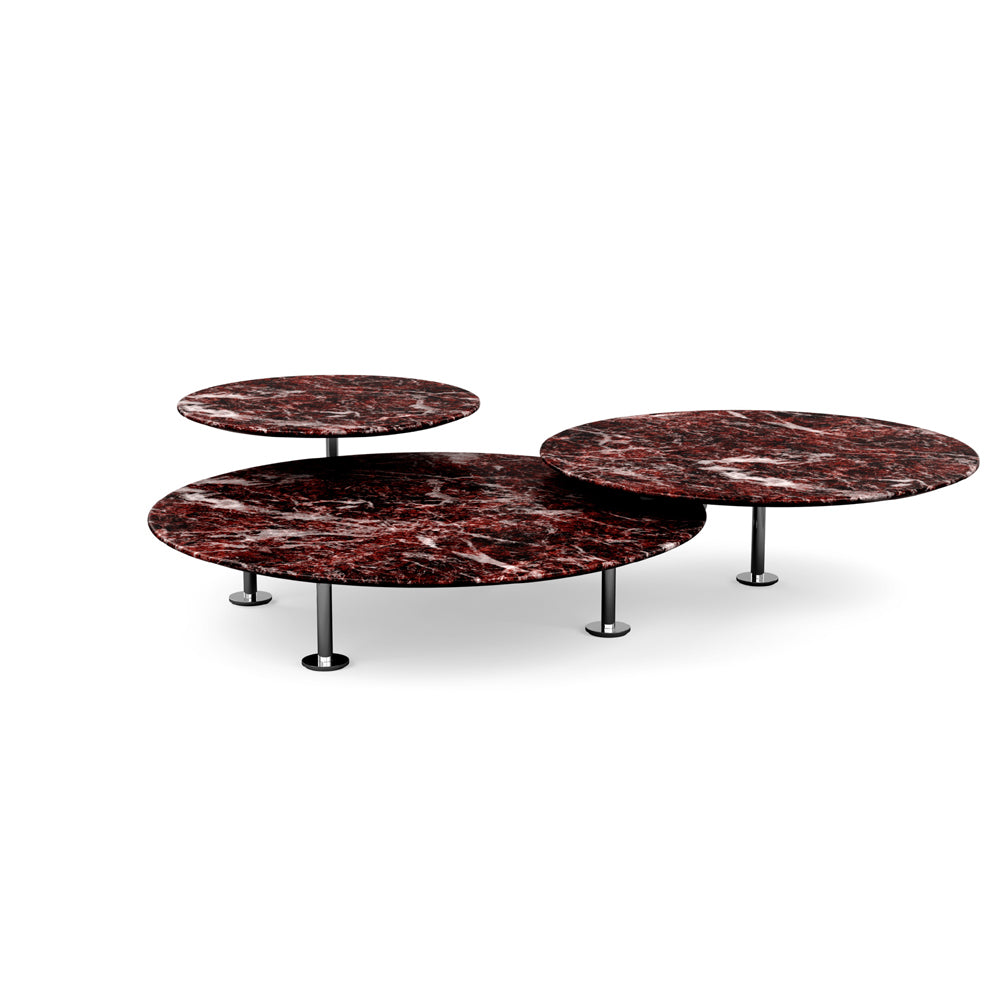 Grasshopper Coffee Table - Triple Coffee Tables Knoll Polished Chrome Rosso Rubino marble - Satin finish