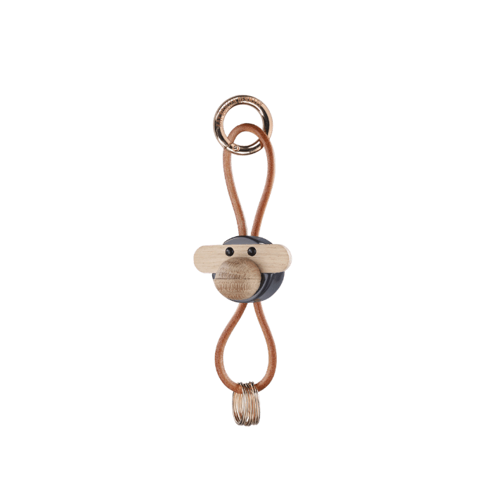 Kay Bojesen Monkey Bag Charm, Painted Oak (Dark Grey/Natural Leather), view 2