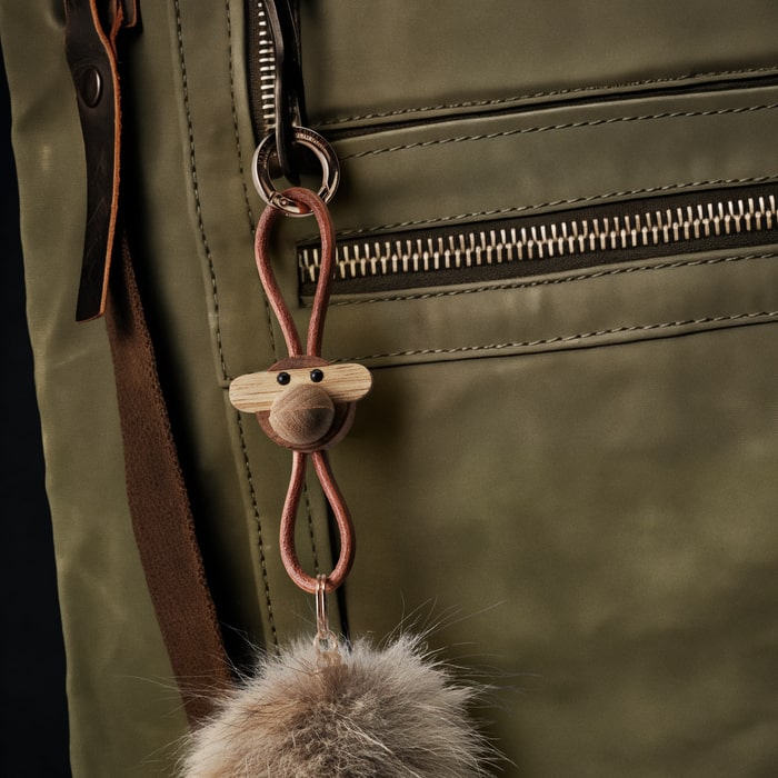 Kay Bojesen Monkey Bag Charm, Teak/Limba (Gold/Natural Leather), view 3