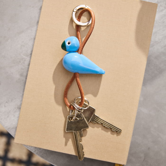 Kay Bojesen Bird Bag Charm, Painted Beech (Blue/Natural Leather), view 3