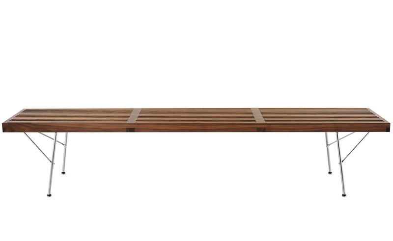 Herman Miller Nelson Platform Bench with metal base, 72" width - walnut / trivalent chrome