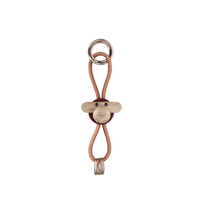 Kay Bojesen Monkey Bag Charm, Painted Oak (Bordeaux/Natural Leather)