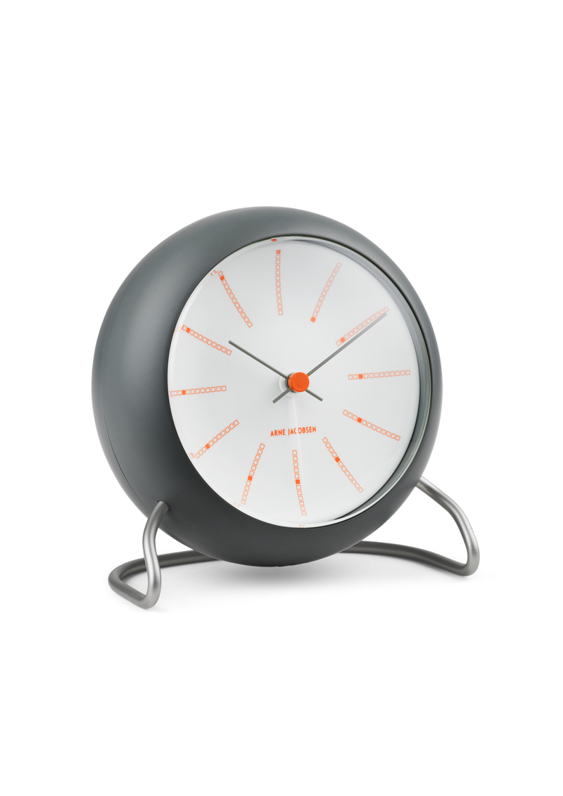 Arne Jacobsen Bankers Table Clock in Dark Grey, angled view