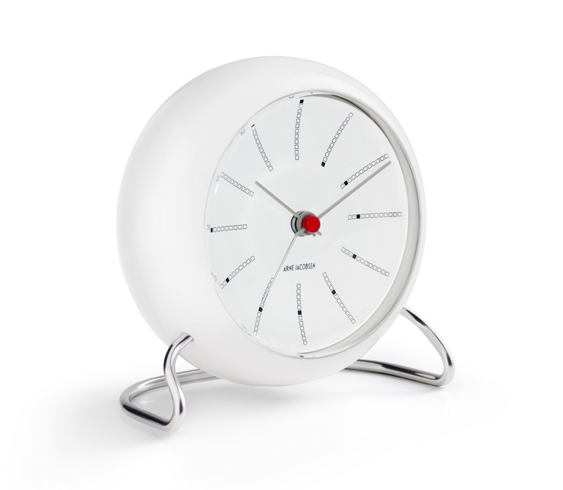 Arne Jacobsen Bankers Table Clock in White, angled view