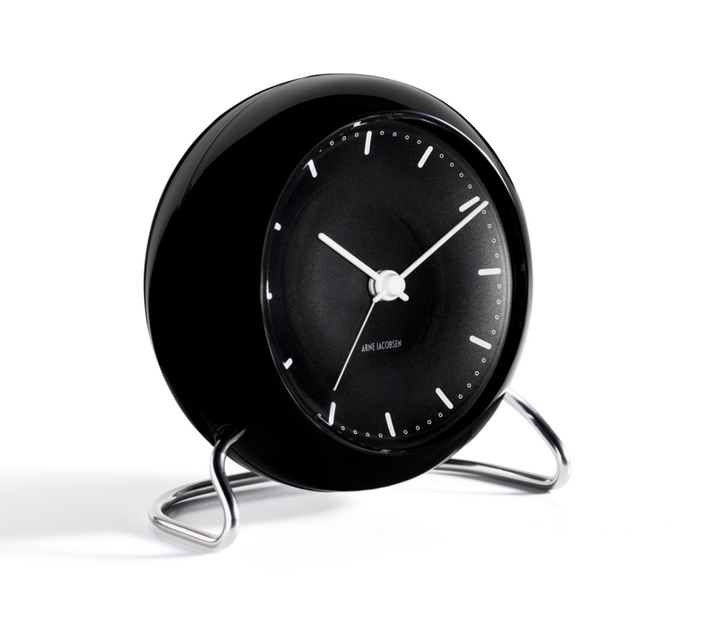 Arne Jacobsen City Hall Table Clock in Black, angled view