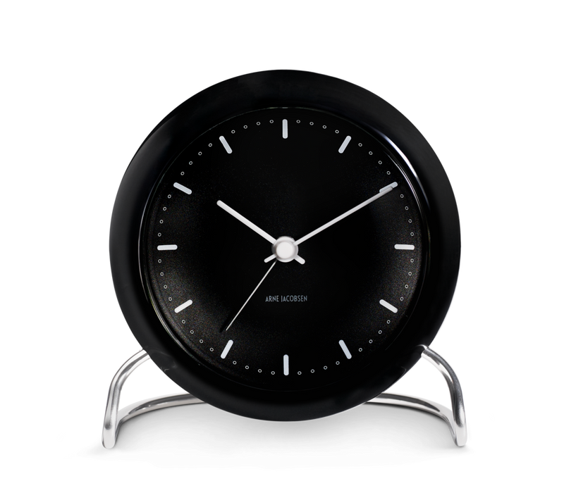 Arne Jacobsen City Hall Table Clock in Black, front view