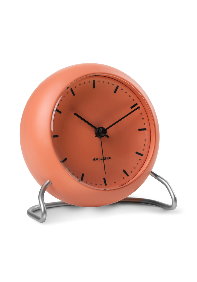 Arne Jacobsen City Hall Table Clock in Pale Orange, angled view