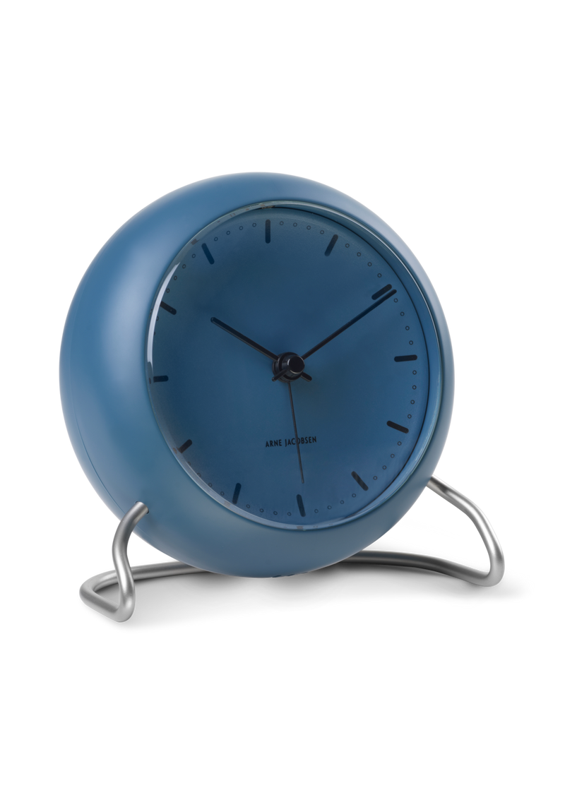 Arne Jacobsen City Hall Table Clock in Stone Blue, angled view