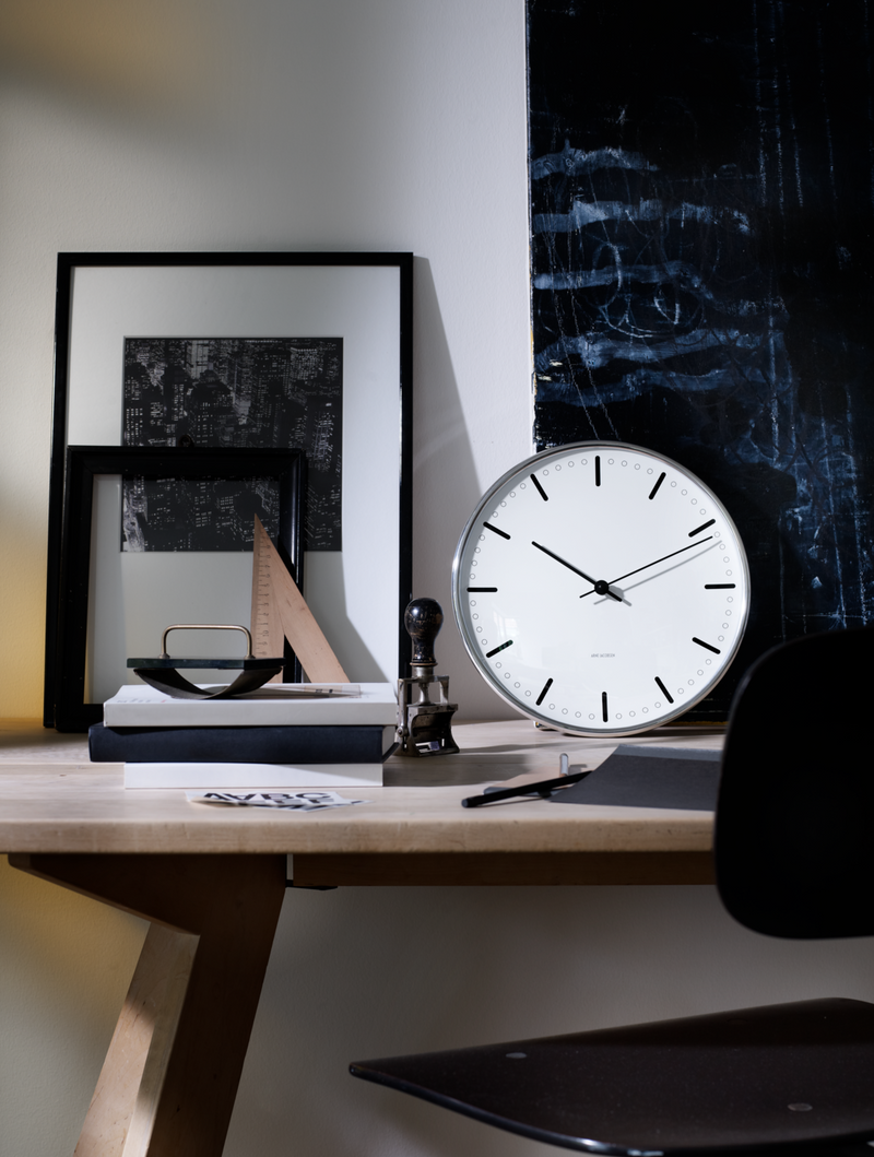 Arne Jacobsen City Hall Wall Clock in White and Black in an interior setting