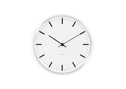 Arne Jacobsen City Hall Wall Clock in White and Black, Medium, front view