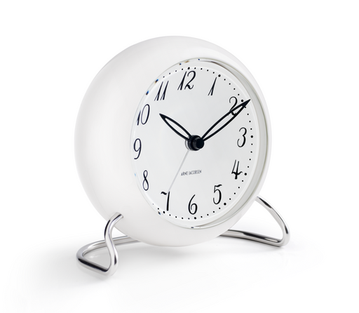 Arne Jacobsen LK Table Clock in White, angled view