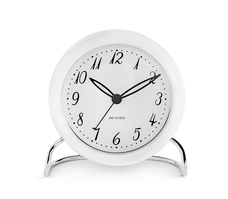 Arne Jacobsen LK Table Clock in White, front view