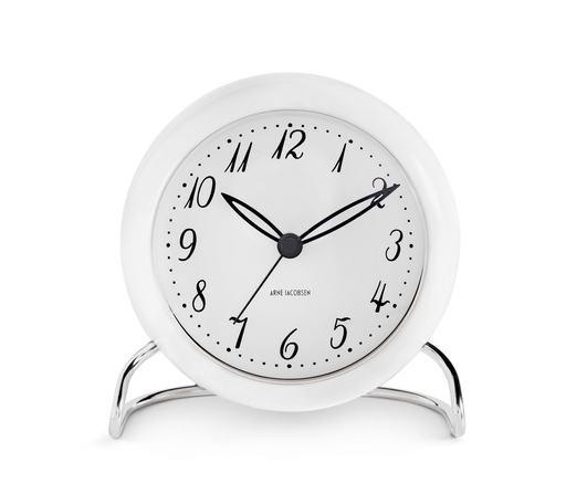 Arne Jacobsen LK Table Clock in White, front view