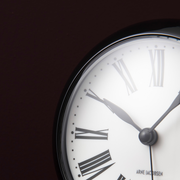 Arne Jacobsen Roman Table Clock in White and Black, dial and case detail