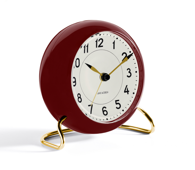 Arne Jacobsen Station Table Clock in Bordeaux and White, angled view