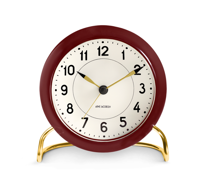 Arne Jacobsen Station Table Clock in Bordeaux and White, front view