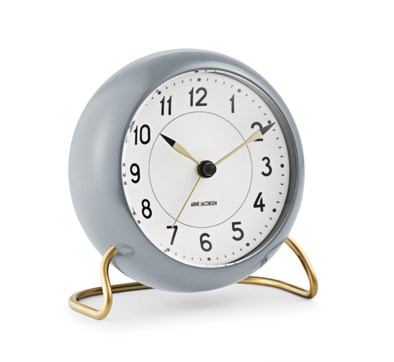 Arne Jacobsen Station Table Clock in Grey and White, angled view