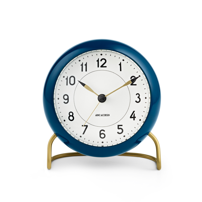 Arne Jacobsen Station Table Clock in Teal and White, front view